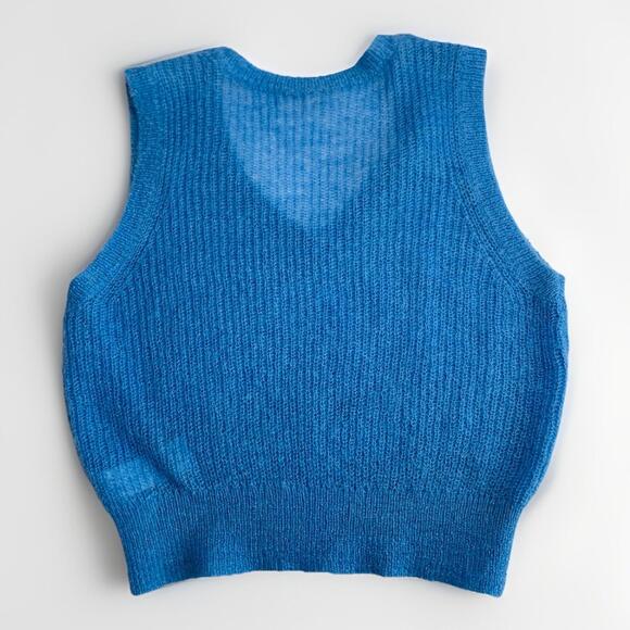 FRAME Sweater Top Small Shrunken Mohair Vest Blue Cropped Knit V-Neck Orig $255 - Picture 4 of 9
